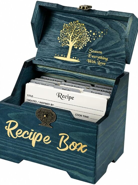 Other - Recipe Box with Cards and Dividers - Wooden Recipe Card and Box Set